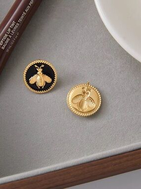 18K Gold Plated Black Enamel Button Bee Stud Earrings